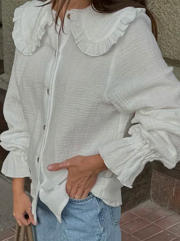 Long Sleeves Ruffled See-Through Split-Joint Peter Pan Collar Blouses&Shirts Tops