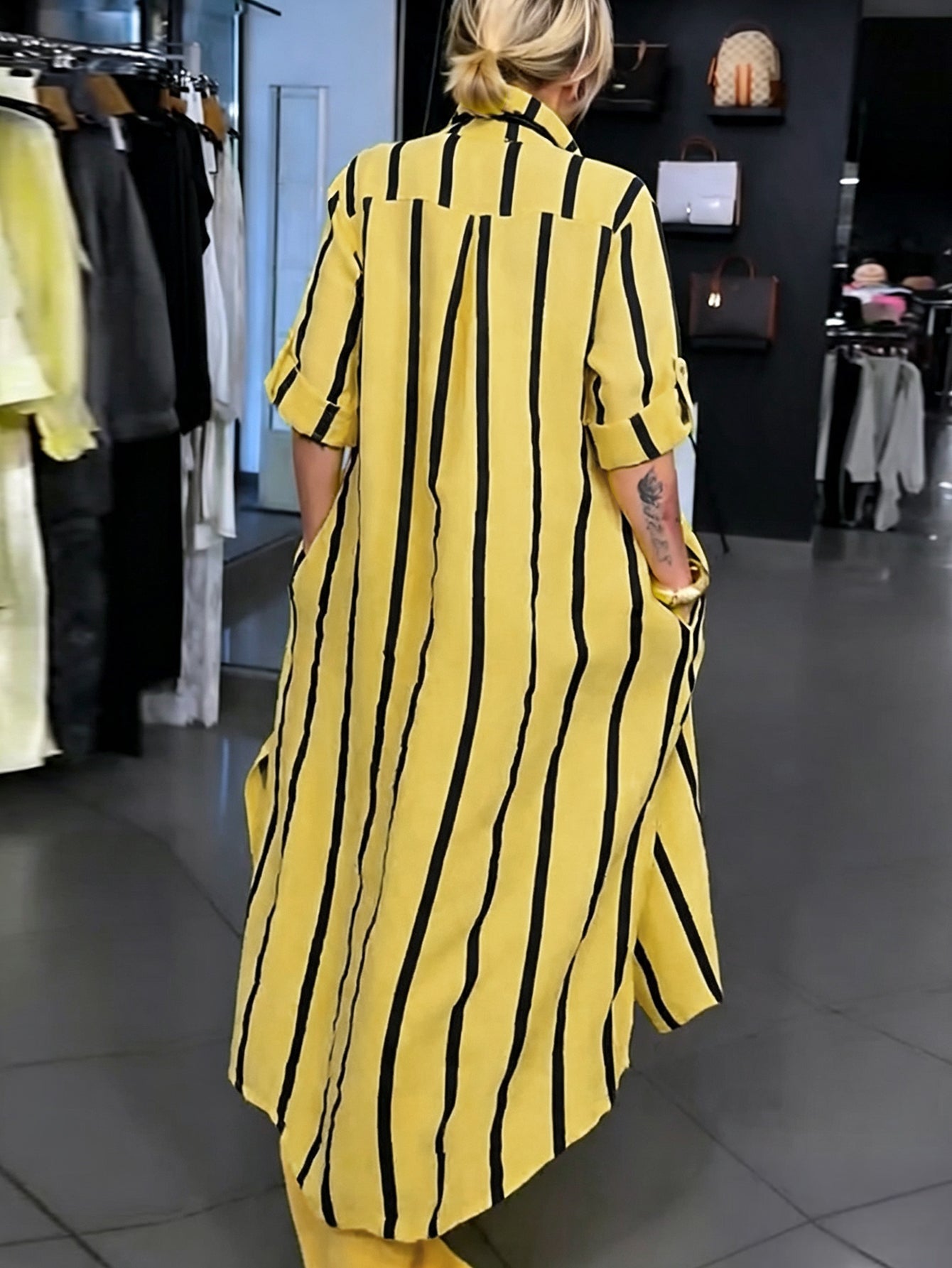 High‑low Long Sleeves Buttoned Contrast Color Striped Lapel Blouses&shirts Tops + Solid Color Pockets Wide‑Leg Bottoms Pants Trousers Two Pieces Set