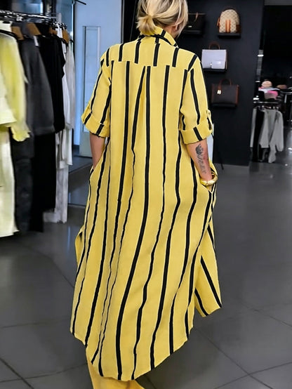 High‑low Long Sleeves Buttoned Contrast Color Striped Lapel Blouses&shirts Tops + Solid Color Pockets Wide‑Leg Bottoms Pants Trousers Two Pieces Set