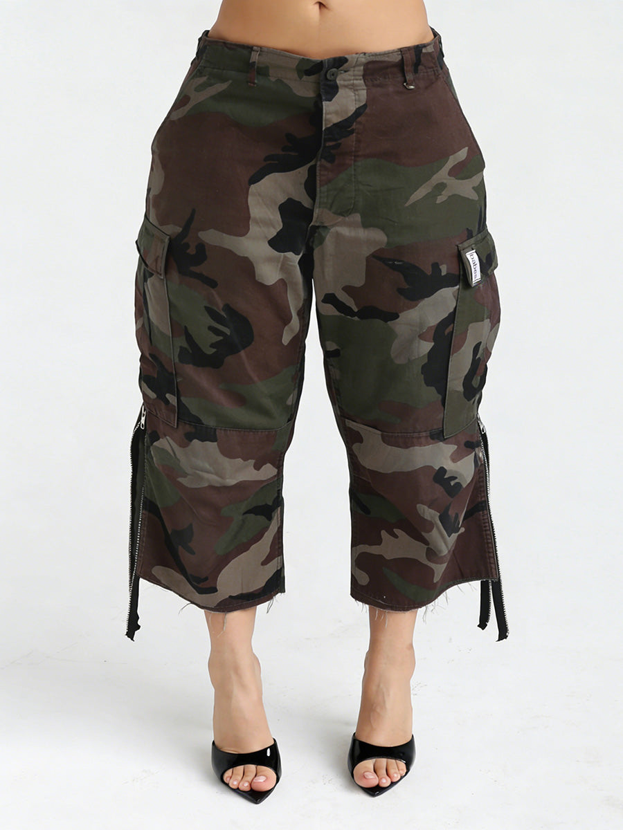 High Waisted Wide Leg Buttoned Contrast Color No Belt Pockets Tasseled Zipper Cropped Trousers Pants