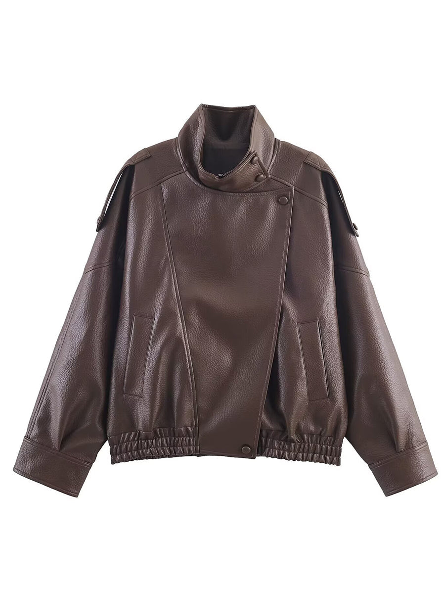 Zipper Split-Joint Solid Color Pockets Elasticity Buttoned Asymmetric Long Sleeves Stand Collar Outerwear Jackets