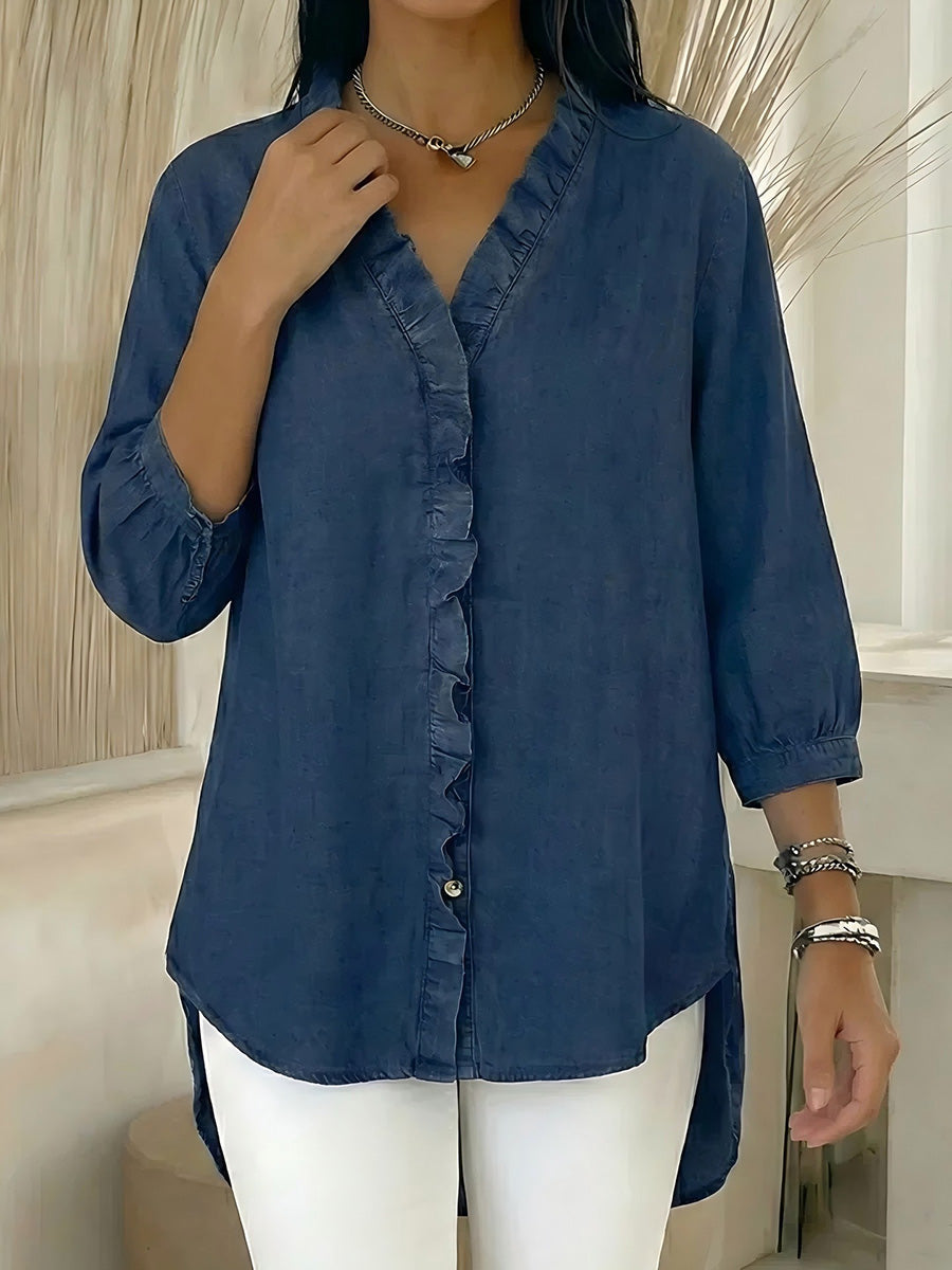 Loose Plus Size Ruffle Trim Solid Color V-Neck Blouses&Shirts Tops