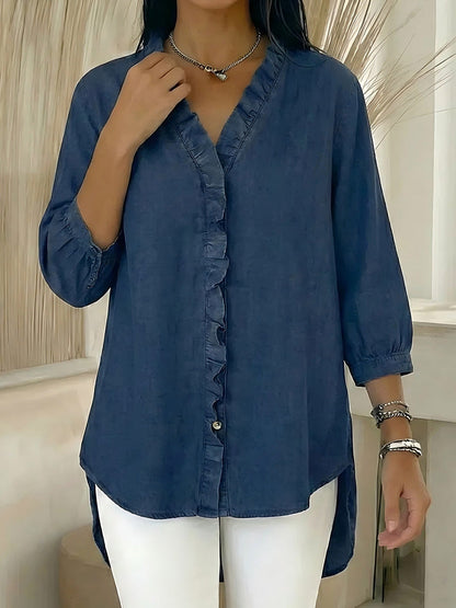 Loose Plus Size Ruffle Trim Solid Color V-Neck Blouses&Shirts Tops