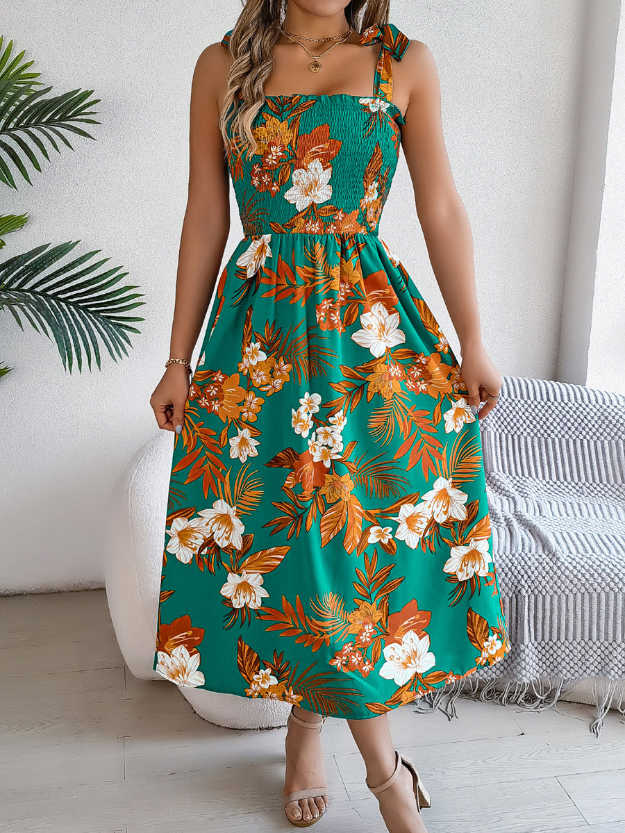 A-Line Loose Contrast Color Elasticity Flower Print Tied Spaghetti-Neck Midi Dresses