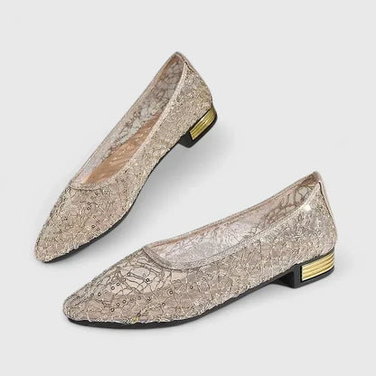 Stella | Women's Lace Pointed Toe Flats with Low Block Heel