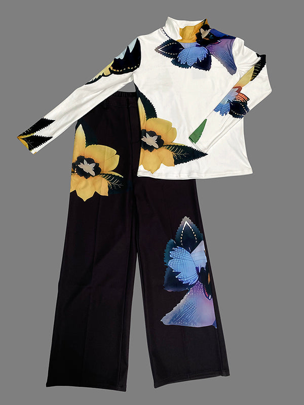 High Waisted Loose Flower Print Pockets Pants Trousers