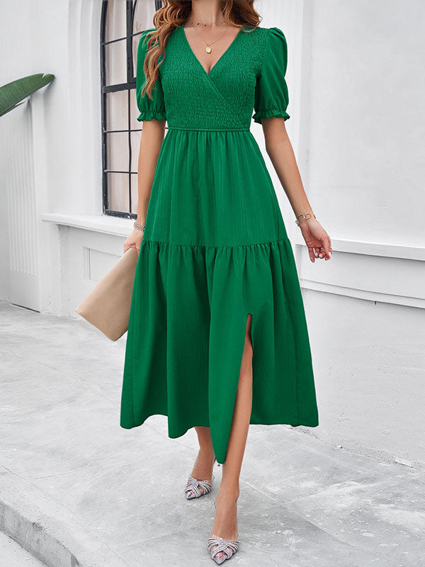 A-Line High Waisted Elasticity Pleated Solid Color Split-Joint V-Neck Midi Dresses
