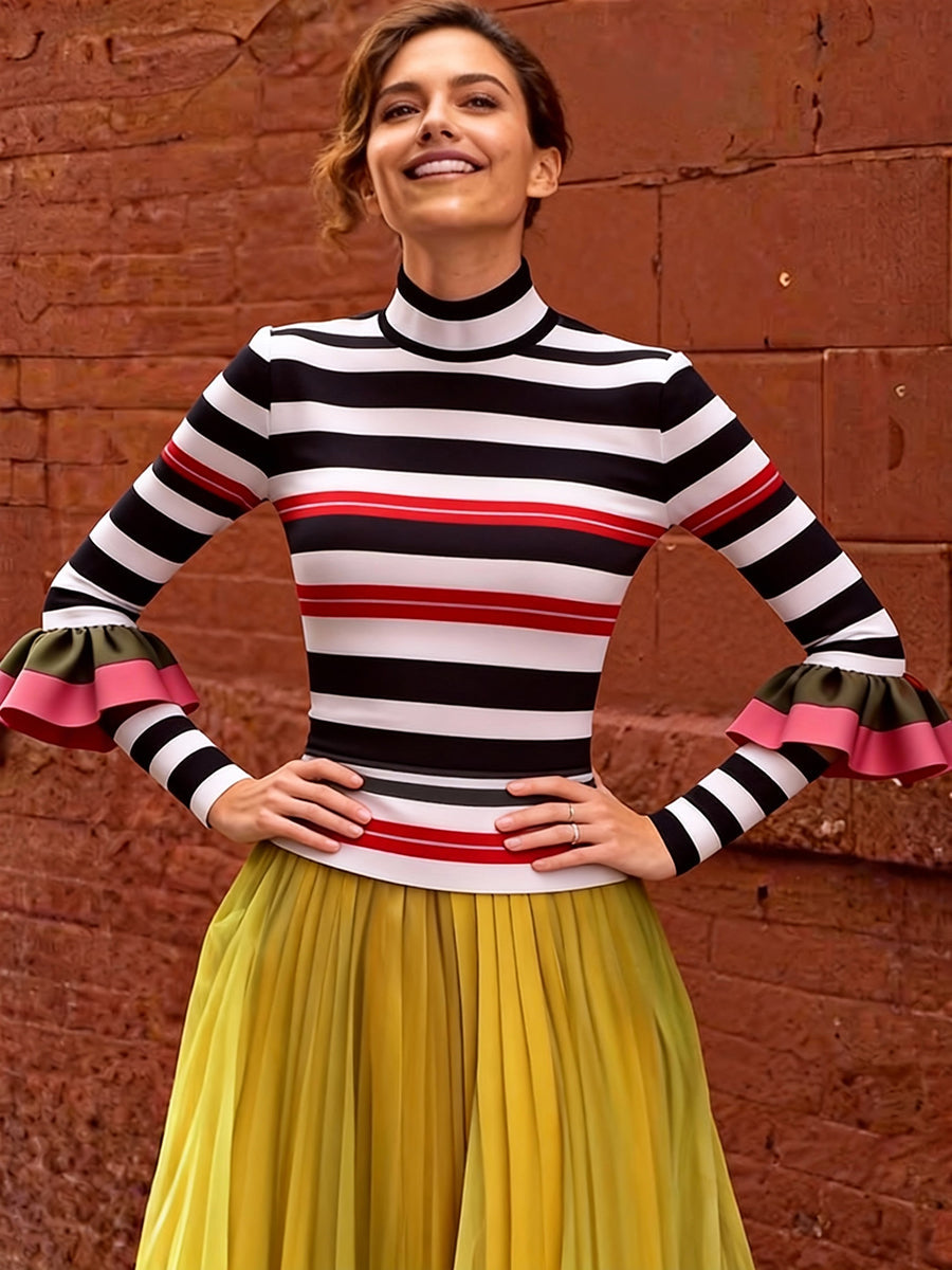 Flared Long Sleeves Contrast Color Split-Joint Striped Half Turtleneck Blouses&Shirts Tops