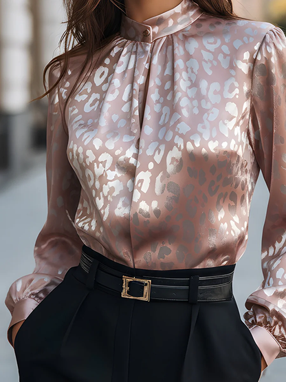 Long Sleeves Buttoned Elasticity Pleated Printed Solid Color Round-Neck Blouses&Shirts Tops