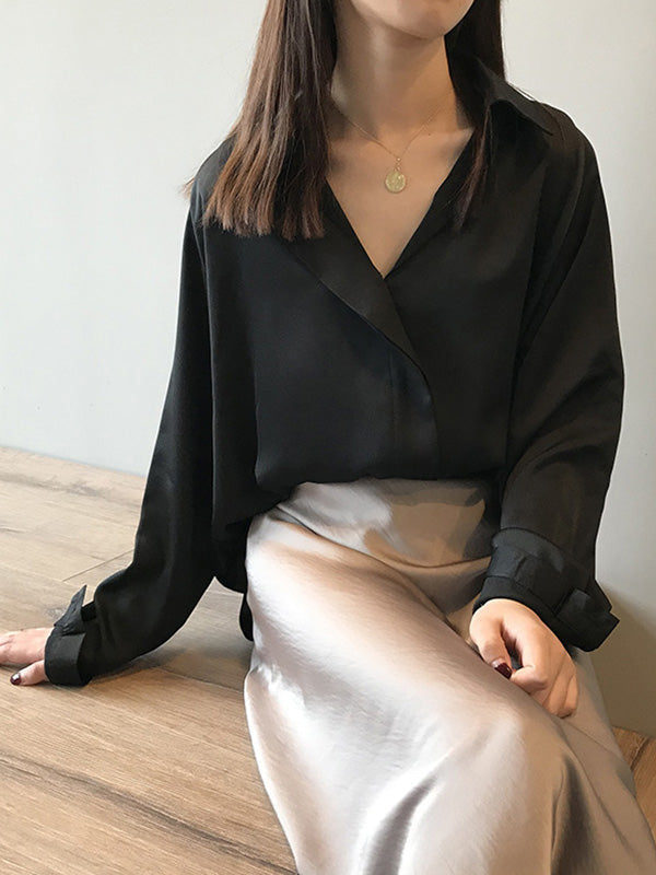 Satin V-Neck Loose Solid Color High-Low Long Sleeve Shirts