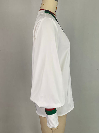 Lange Ärmel, lockere Kontrastfarbe, plissierte Blusen und Hemden mit V-Ausschnitt 