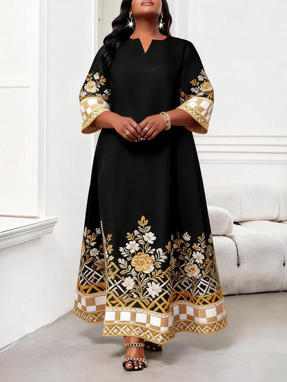A-Line Loose Contrast Color Flower Print Plaid Split-Joint V-Neck Maxi Dresses