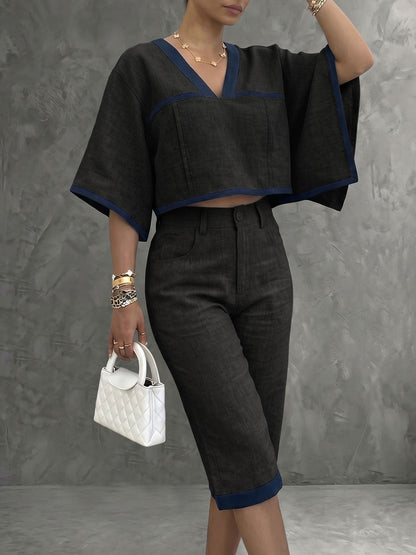 Contrast Color Cropped Batwing Sleeves V-Neck Blouses&Shirts Tops + Buttoned No Belt Pockets Cropped Trousers Two Pieces Set