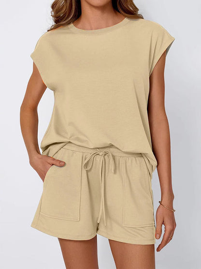 Loose Raglan Sleeve Solid Color Split-Joint Round-Neck T-Shirt + Drawstring Elasticity Shorts Two Pieces Set