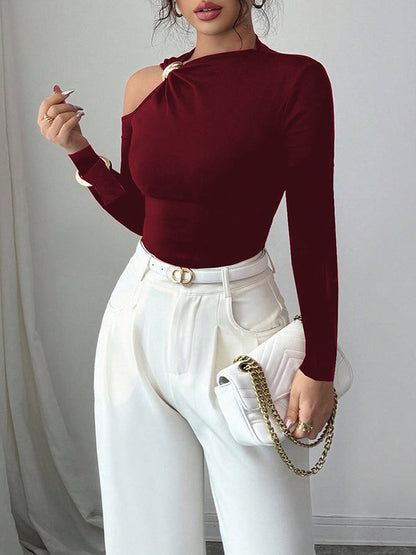 Long Sleeves Skinny Asymmetric Solid Color Asymmetric Neckline T-Shirts