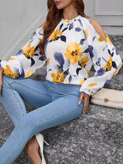 Long Sleeves Loose Elasticity Flower Print Pleated Cold Shoulder Blouses&Shirts Tops