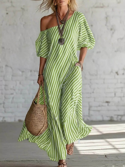 Loose Plus Size Pockets Striped One-Shoulder Maxi Dresses