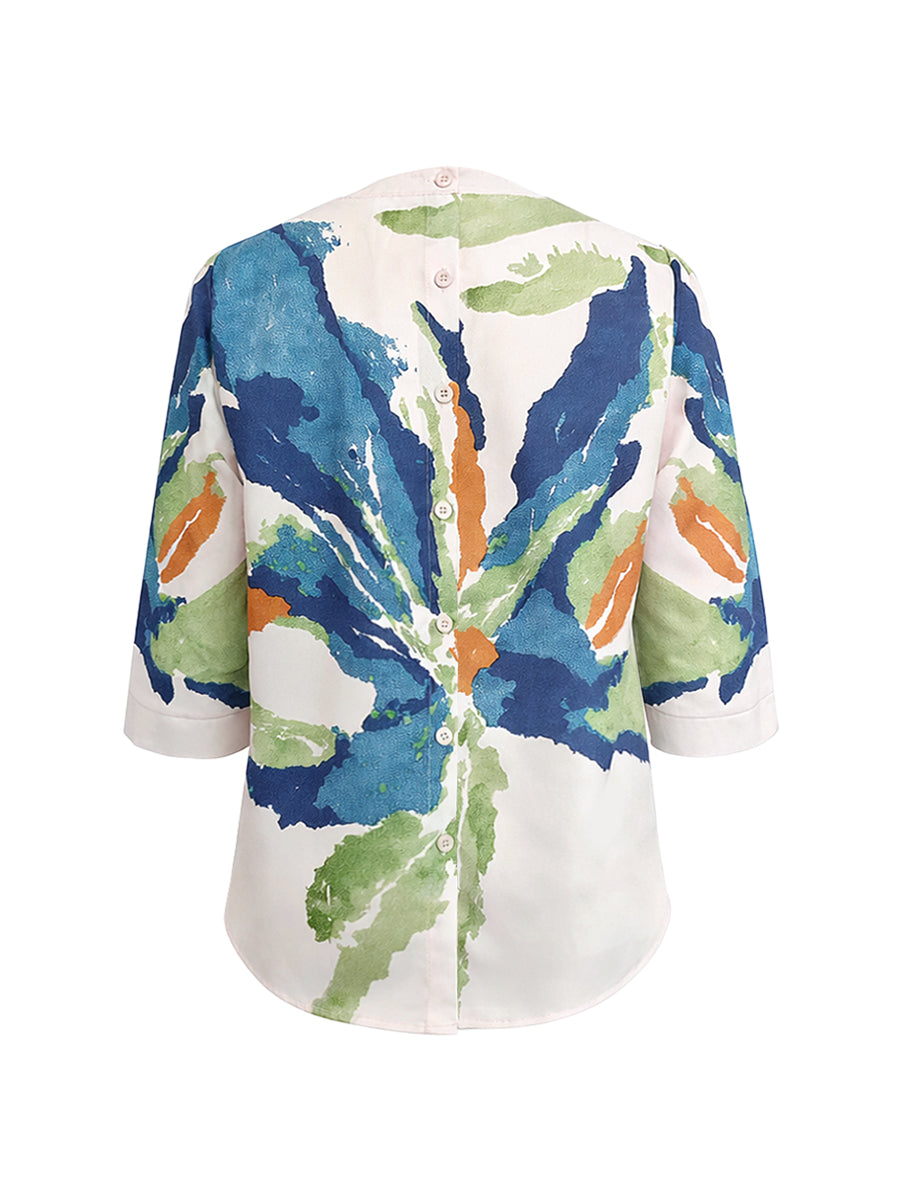 Flower Print Contrast Color Buttoned Loose Half Sleeves Round-neck T-Shirts Tops