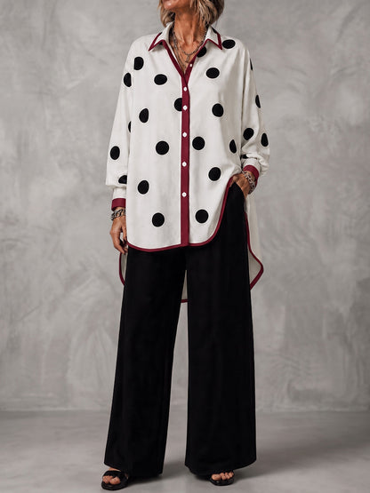 Polka-Dot Contrast Color Buttoned Loose Long Sleeves Lapel Blouses&shirts Tops