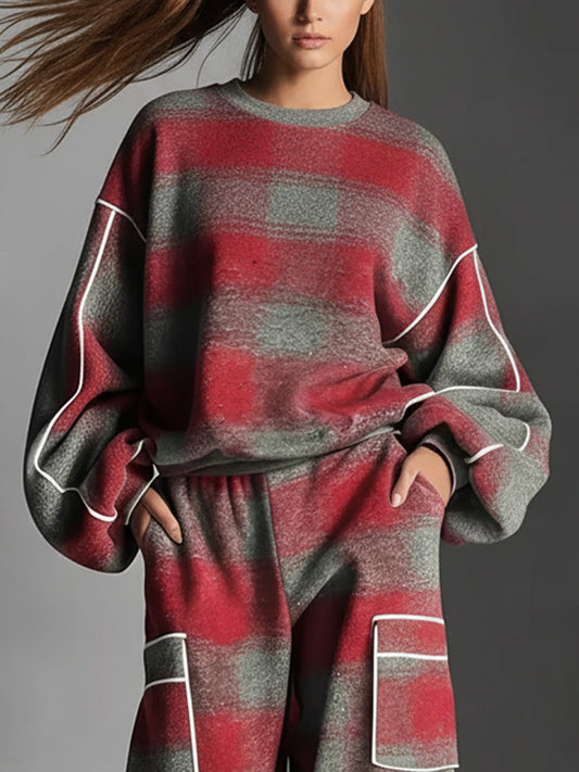 Long Sleeves Loose Contrast Color Line Split-Joint Striped Round-Neck Sweatershirt