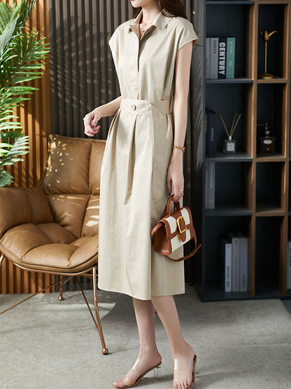 Plus Size Short Sleeves Bandage Solid Color Lapel Midi Dresses