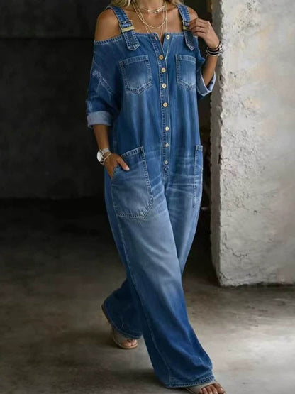Long Sleeves Loose Buttoned Pockets Solid Color Adjustable Straps Overalls