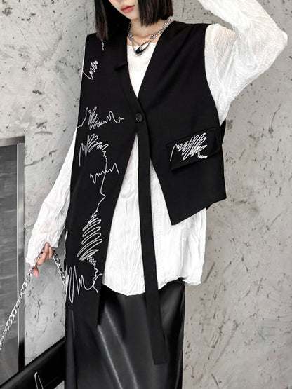 Sleeveless Asymmetric Buttoned Embroidered V-Neck Vest Top