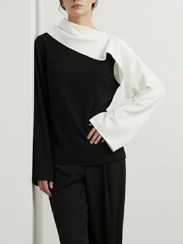 Long Sleeves Loose Asymmetric Contrast Color Asymmetric Collar Blouses&Shirts Tops