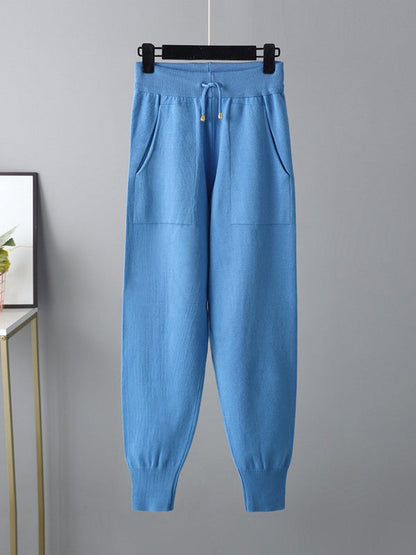 Casual Solid Long Sleeves High-Neck Sweater Tops & Drawstring Wide Leg Pants Suits