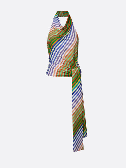 Loose Sleeveless Backless Contrast Color Striped Tied Halter-Neck Vest Top