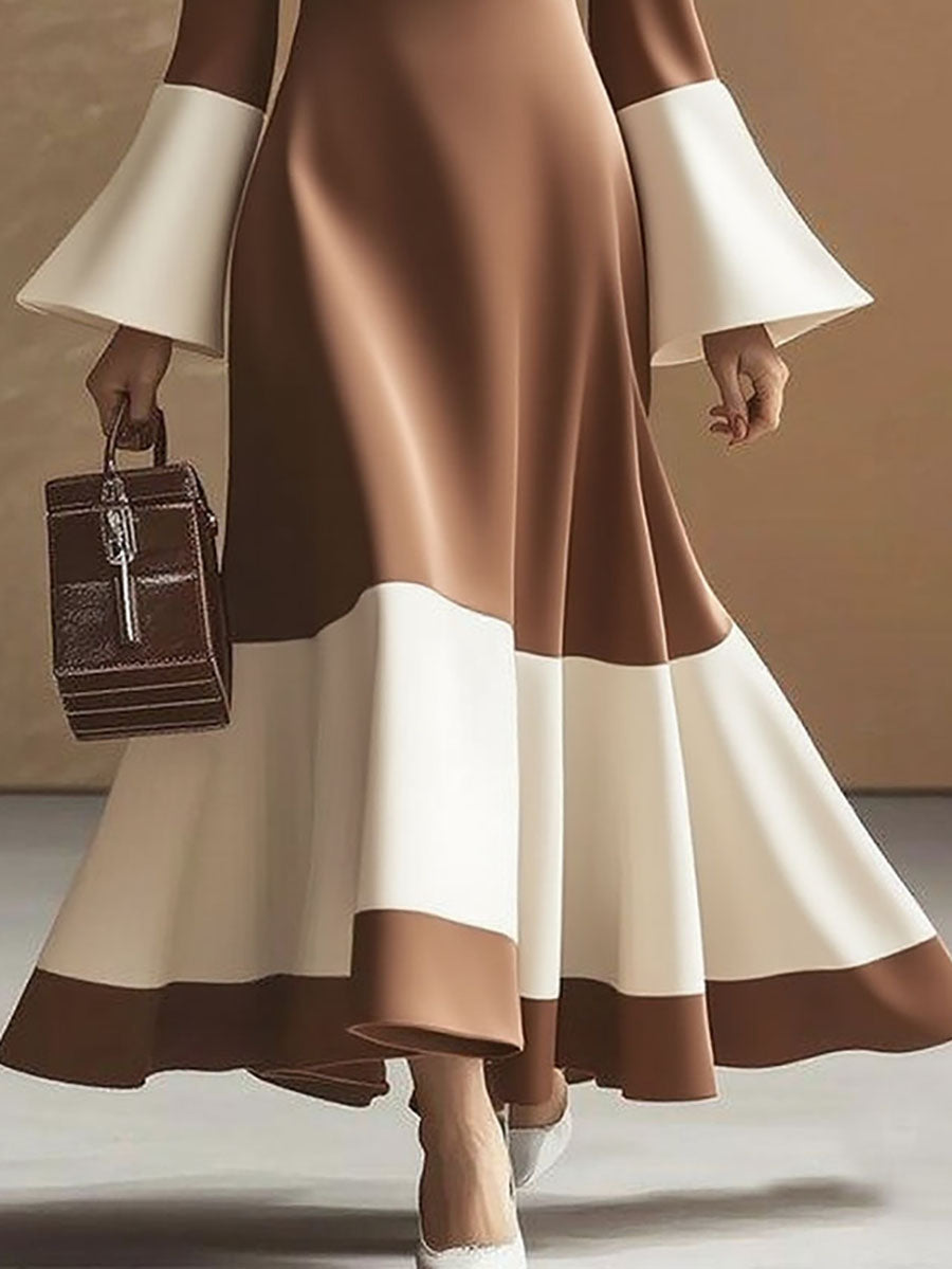 Flared Sleeves High Waisted Contrast Color Pleated Split-Joint Mock Neck Maxi Dresses