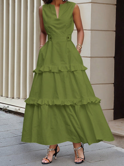 A-Line High Waisted Buttoned Pleated Pockets Solid Color Split-Joint V-Neck Maxi Dresses