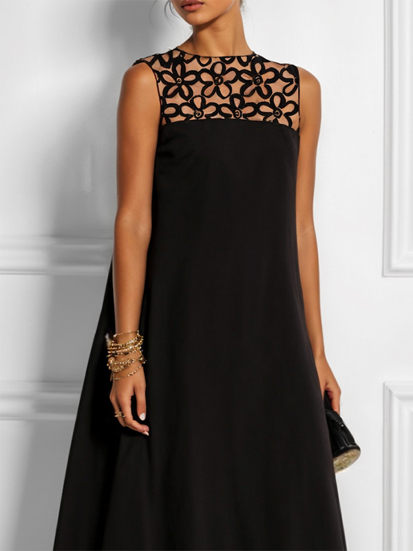 Robe longue ample sans manches, couleur unie, ajourée, col rond et fendue 