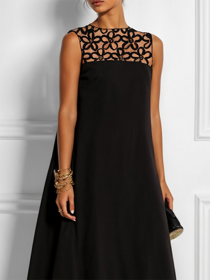 Robe longue ample sans manches, couleur unie, ajourée, col rond et fendue 