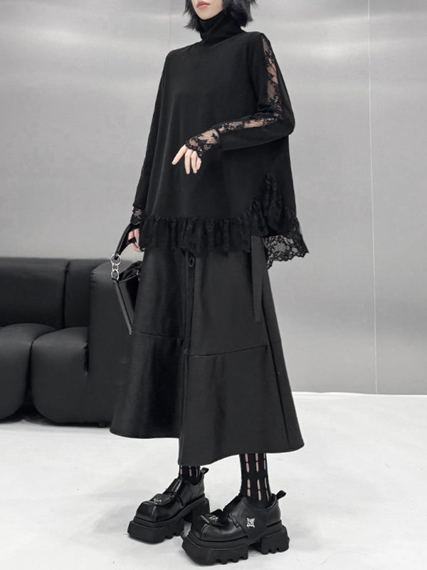 Hipster Long Sleeves See-Through Split-Joint High Neck T-Shirts Tops