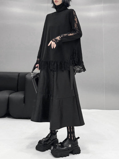 Hipster Long Sleeves See-Through Split-Joint High Neck T-Shirts Tops