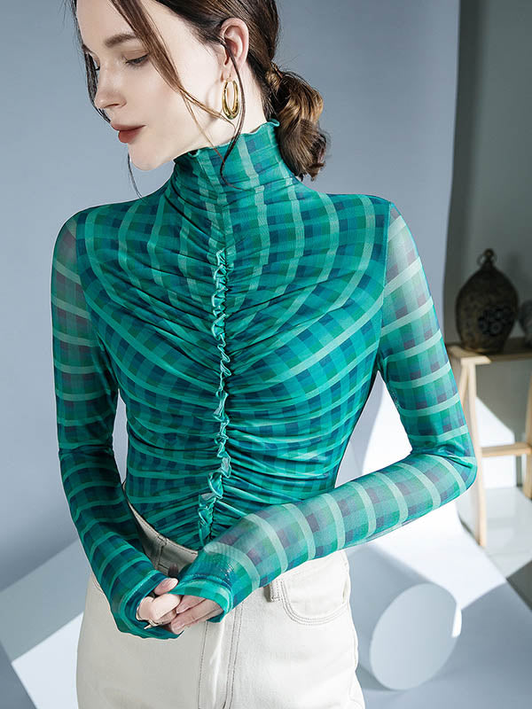 Long Sleeves Skinny Contrast Color Plaid Pleated Split-Joint High-Neck Blouses&Shirts Tops