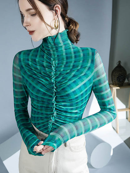 Long Sleeves Skinny Contrast Color Plaid Pleated Split-Joint High-Neck Blouses&Shirts Tops