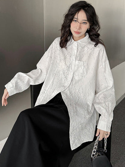 Irregularity Long Sleeves Abstract Printed Asymmetric Buttoned Wrinkled Lapel Blouses&Shirts Tops