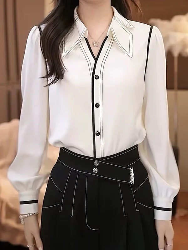 Long Sleeves Buttoned Contrast Color Pleated Lapel Blouses&Shirts Tops