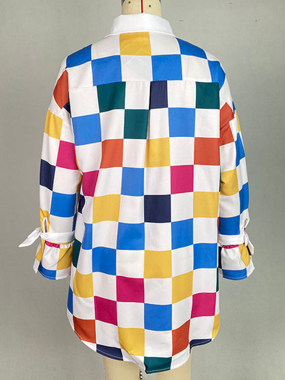 Long Sleeves Loose Buttoned Contrast Color Plaid Tied Stand Collar Blouses&Shirts Tops