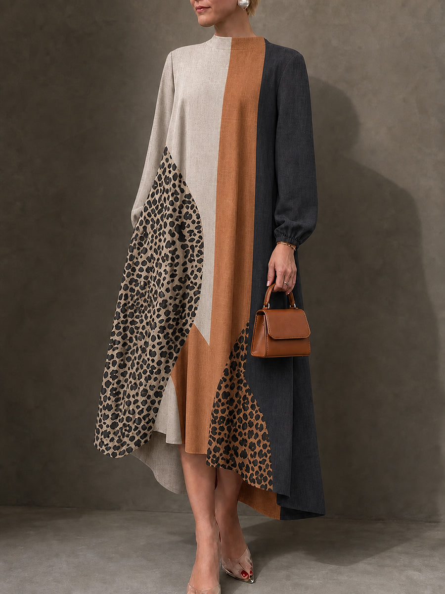 Zipper Split-Joint Leopard Elasticity Contrast Color Loose Long Sleeves Round-neck Maxi Dresses