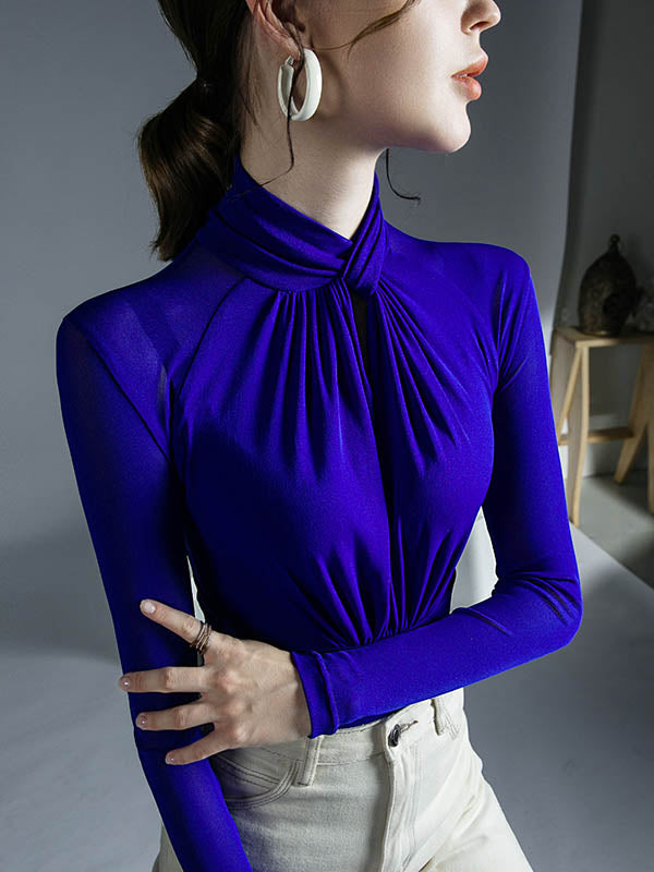 Long Sleeves Plus Size Hollow Mesh Pleated See-Through Solid Color Twist Half Turtleneck Blouses&Shirts Tops