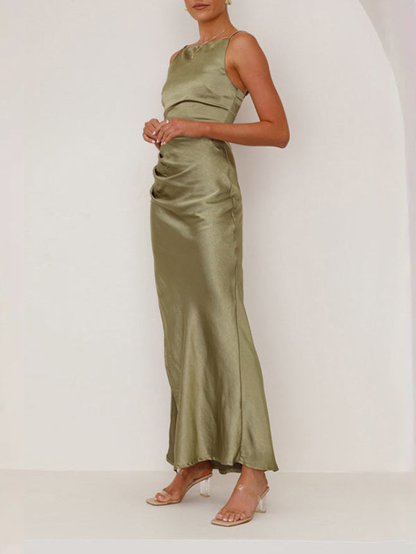 Sleeveless Pleated Solid Color Split-Joint Split-Side Spaghetti-Neck Midi Dresses