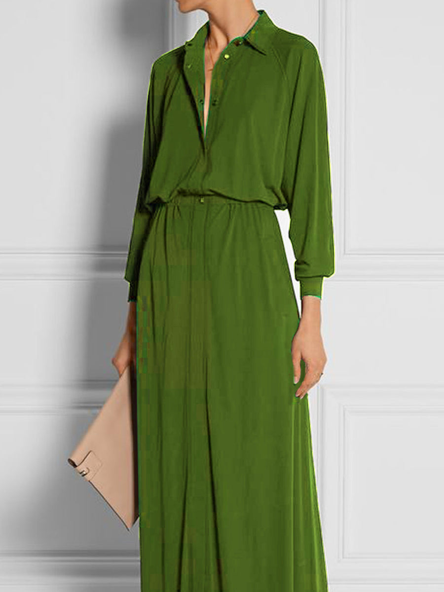 High Waisted Long Sleeves Buttoned Elasticity Solid Color Lapel Maxi Dresses