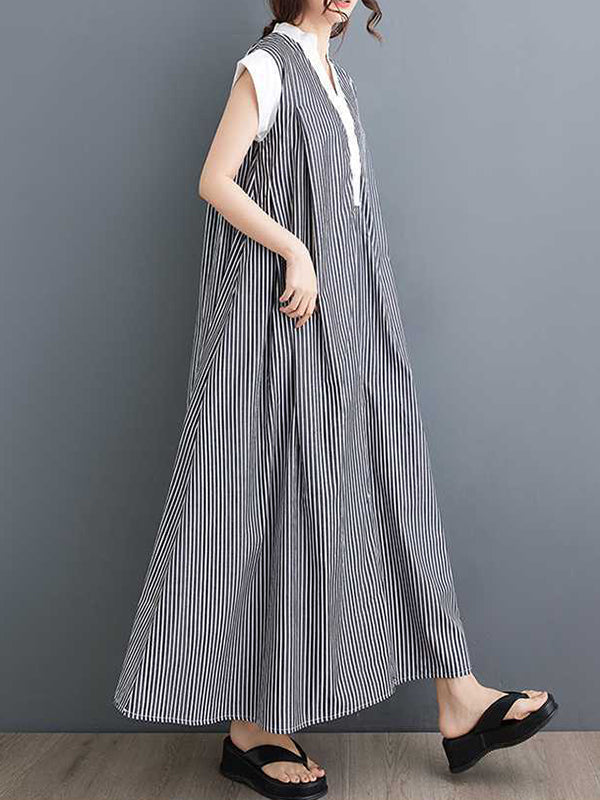 Cap Sleeve Loose Buttoned Striped Lapel Maxi Dresses Shirt Dress