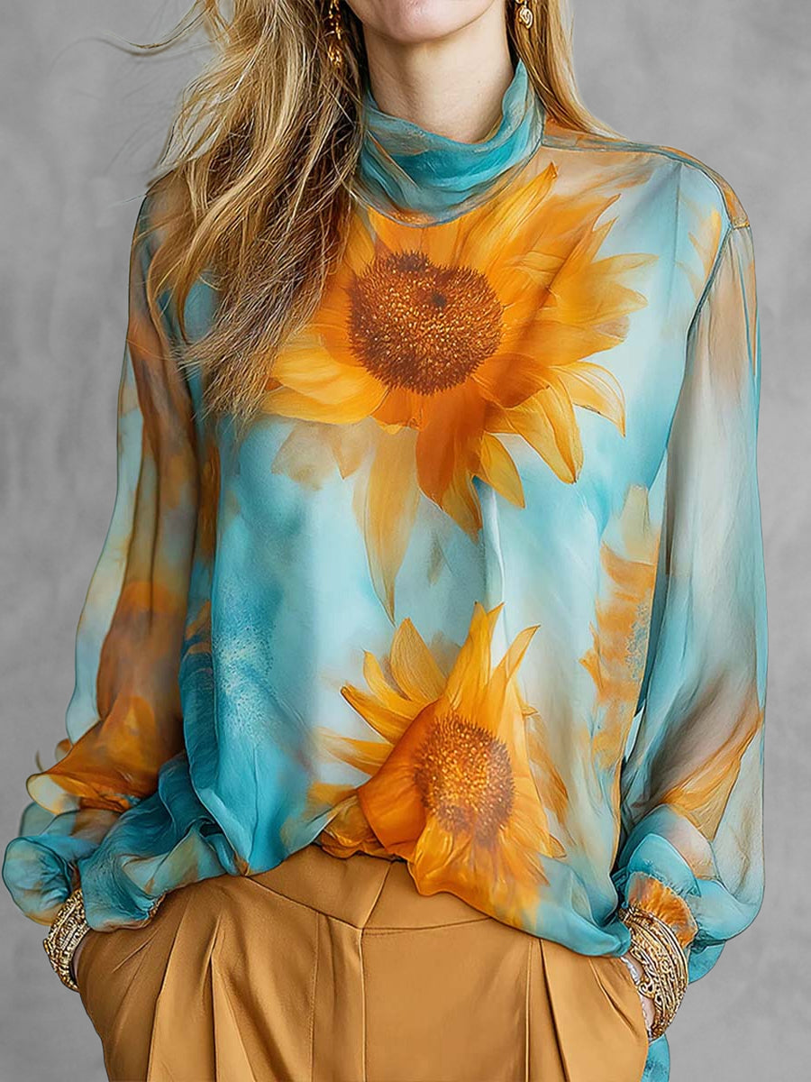 Long Sleeves Loose Contrast Color Flower Print See-Through Mock Neck Blouses&Shirts Tops