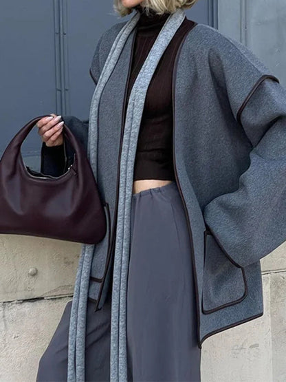 Long Sleeves Loose Pockets Solid Color Split-Joint Tied Waist V-neck Woolen Coat