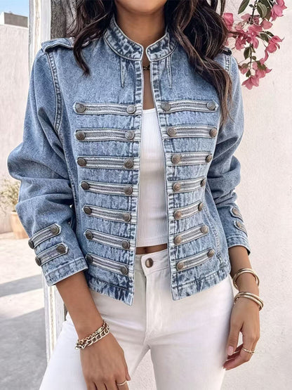Split-Joint Solid Color Buttoned Long Sleeves Cropped Mock Neck Outerwear Jackets