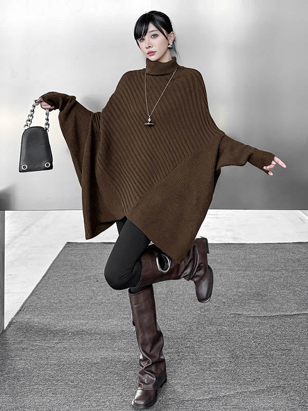 Batwing Sleeves Irregularity Asymmetric Ribbed Knit Solid Color Split-Joint High Neck Sweater Tops